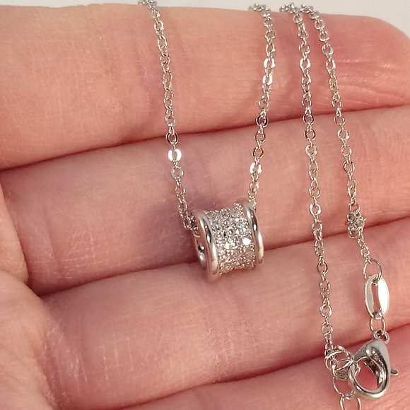 925 Sterling Silver Eternal Rolling Barrel Spool Diamond Zircon Pendant Necklace - Picture 2 of 6